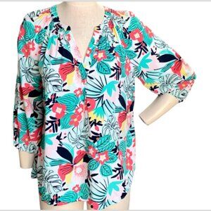 Crown & Ivy L Tropical Floral BOHO V-Neck 3/4 Sleeve Peasant Blouse 75C